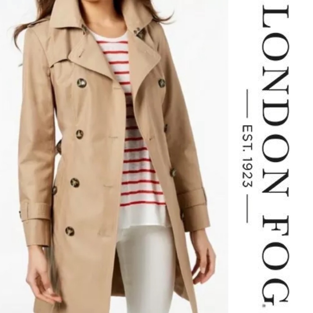 NWT London Fog Double-Breasted Hooded Water-Repellent Trench Coat British Khaki